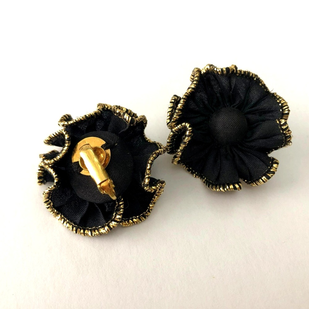 Avon Clip on Earrings Black Ruffle Gold Metallic Trim Fabric Vintage 1.25"